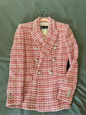 Zara Pink-Red Tweed Double-Breasted Blazer